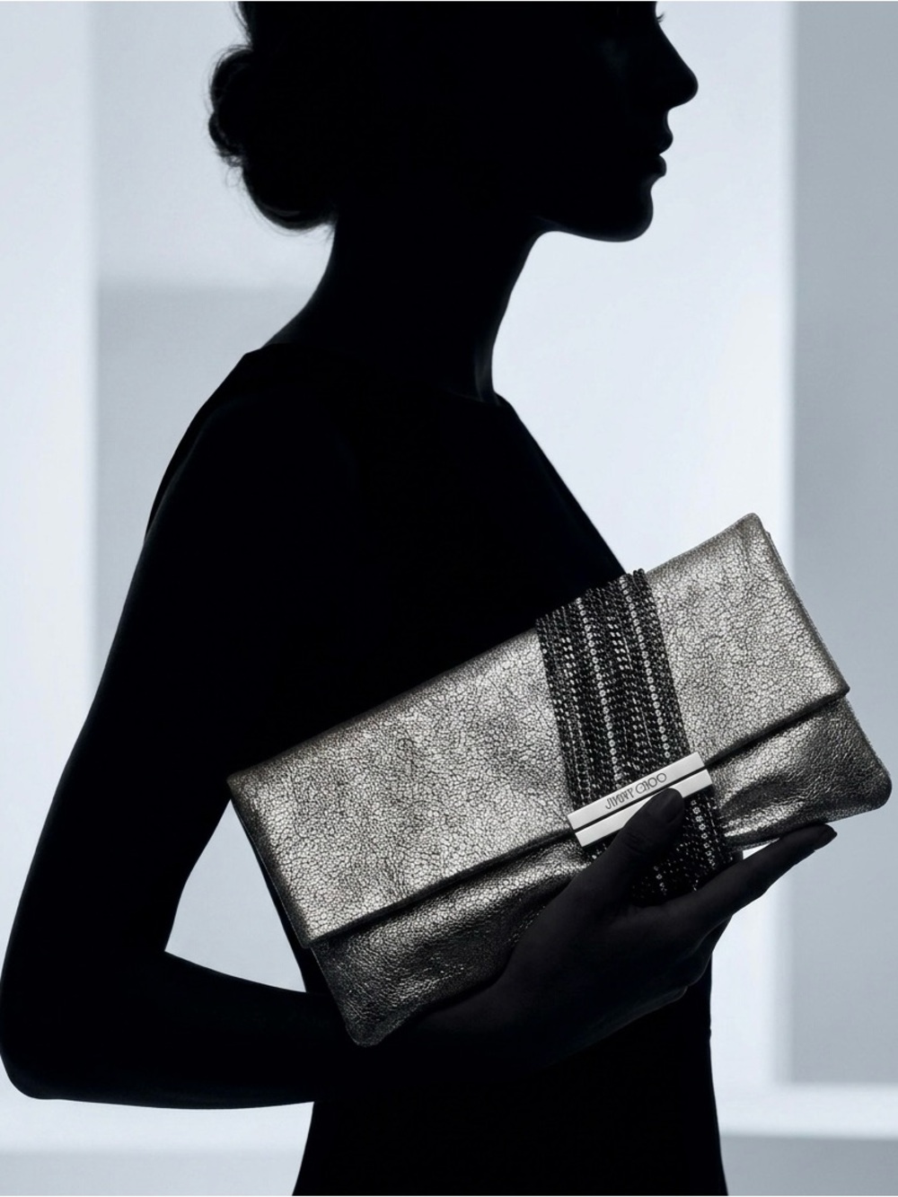 Jimmy Choo Chain-Link Suede Chandra Clutch Gray And Black Chain Authentic